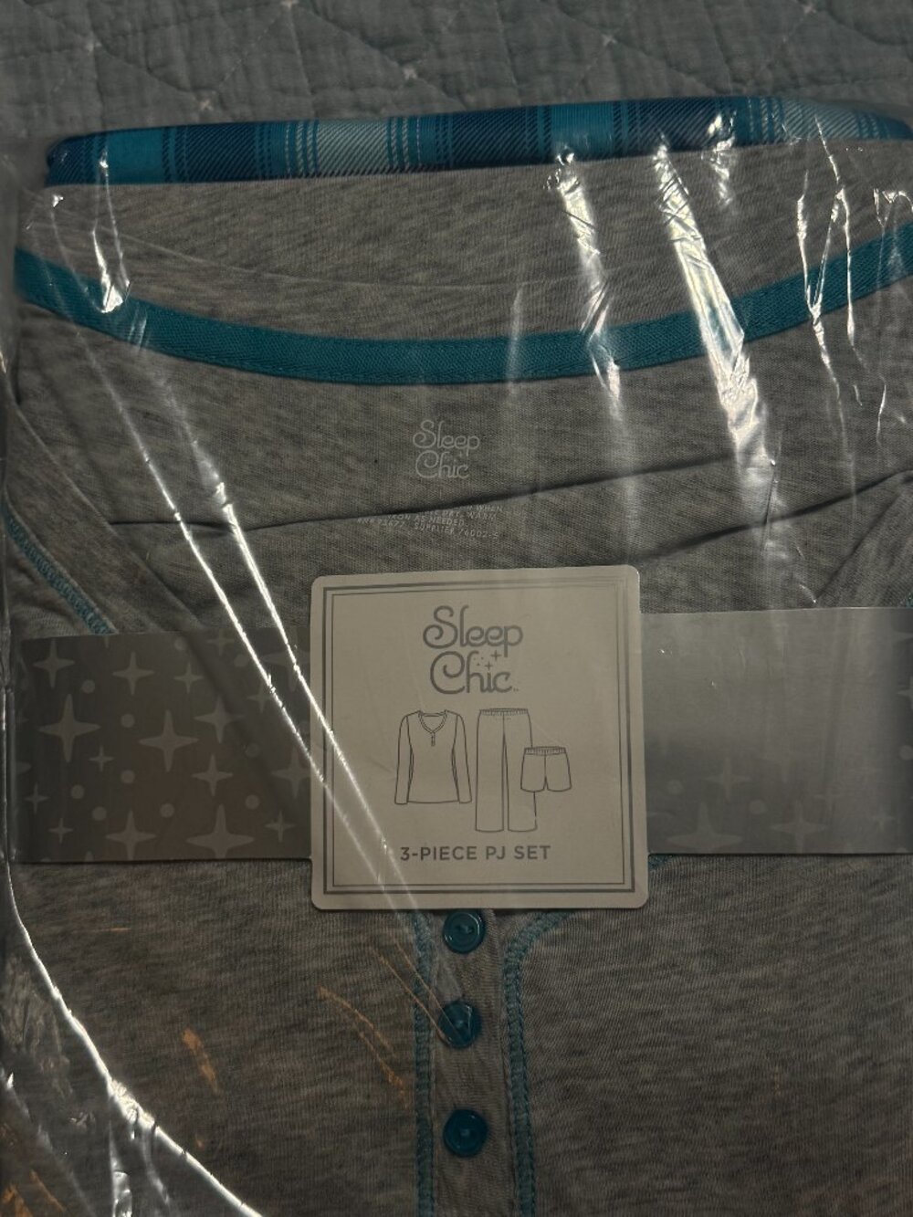 SLEEP CHIC 3 PIECE PJ SET GREY TOP PLAID AND FLORAL BOTTOMS SZ L NWT